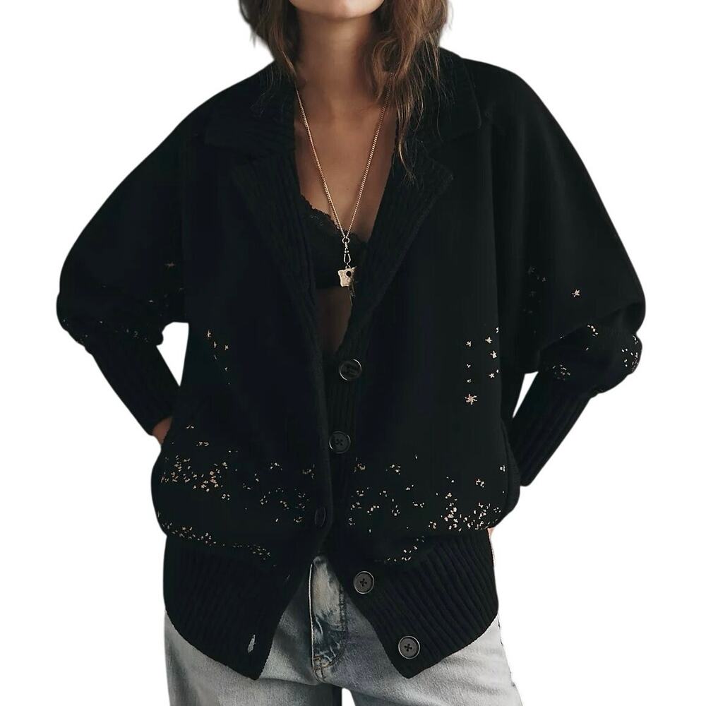 Anthropologie Collared V-Neck Butterfly Cardigan in Black & Gold Size Large New - Picture 2 of 9
